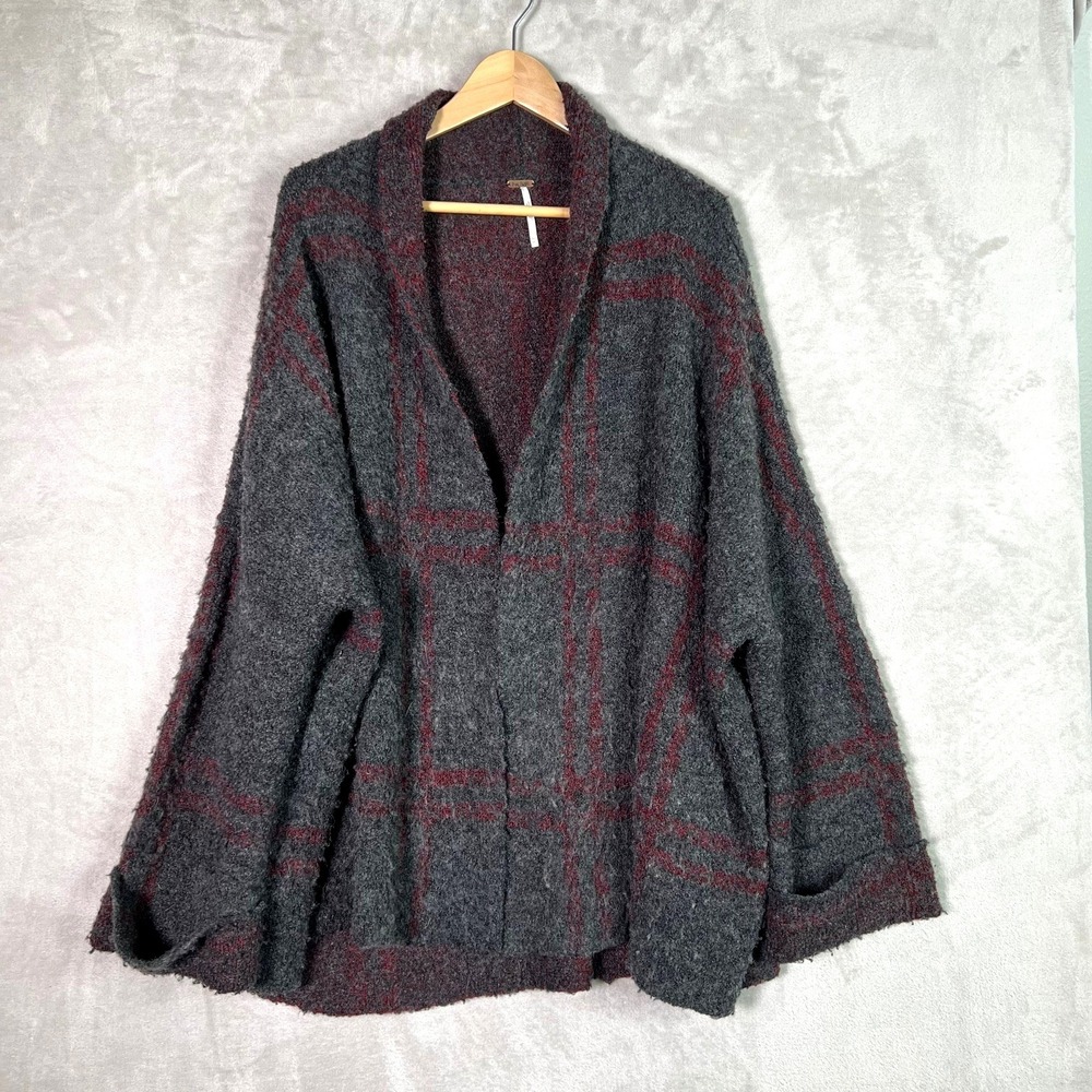 Free People Windowpane Cardigan Wool Blend M/L Gray Red Oversized Boho Slouchy